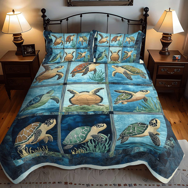 Coastal Calm quilted 3-piece bedding set on a made bed in a light coastal bedroom