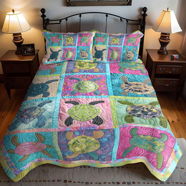 Coastal Calm quilted 3-piece bedding set on a made bed in a light coastal bedroom