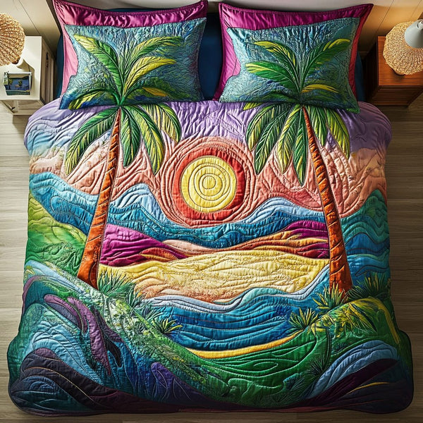 Coastal Calm quilted 3-piece bedding set on a made bed in a light coastal bedroom