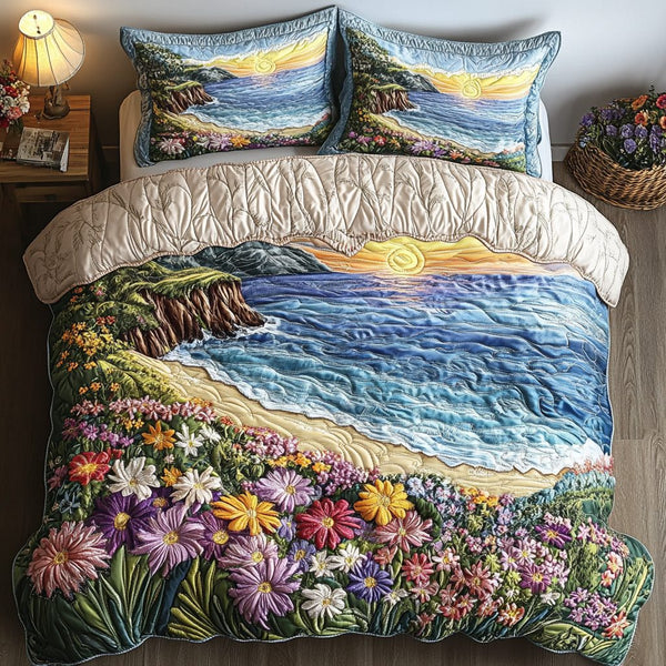 Coastal Calm quilted 3-piece bedding set on a made bed in a light coastal bedroom