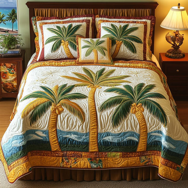Coastal Calm quilted 3-piece bedding set on a made bed in a light coastal bedroom