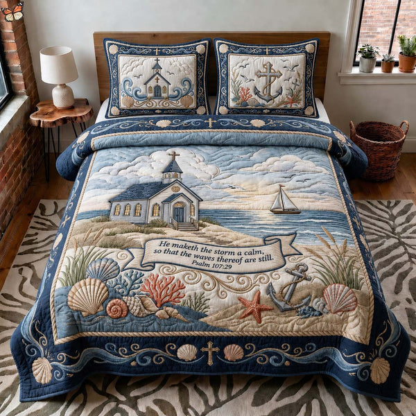 Coastal Chapel quilted 3-piece bedding set on a made bed in a softly lit bedroom