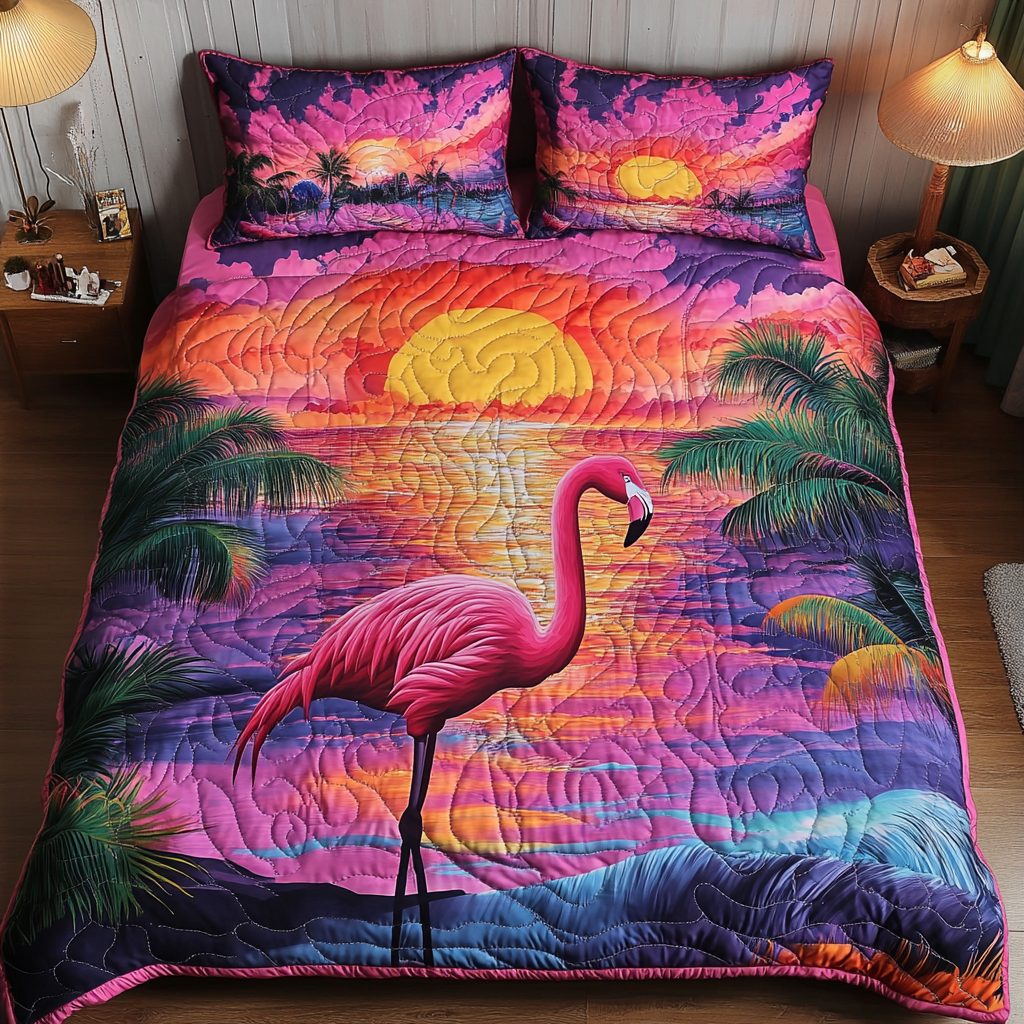 Coastal Charm quilted 3-piece bedding set on a made bed in a light coastal bedroom