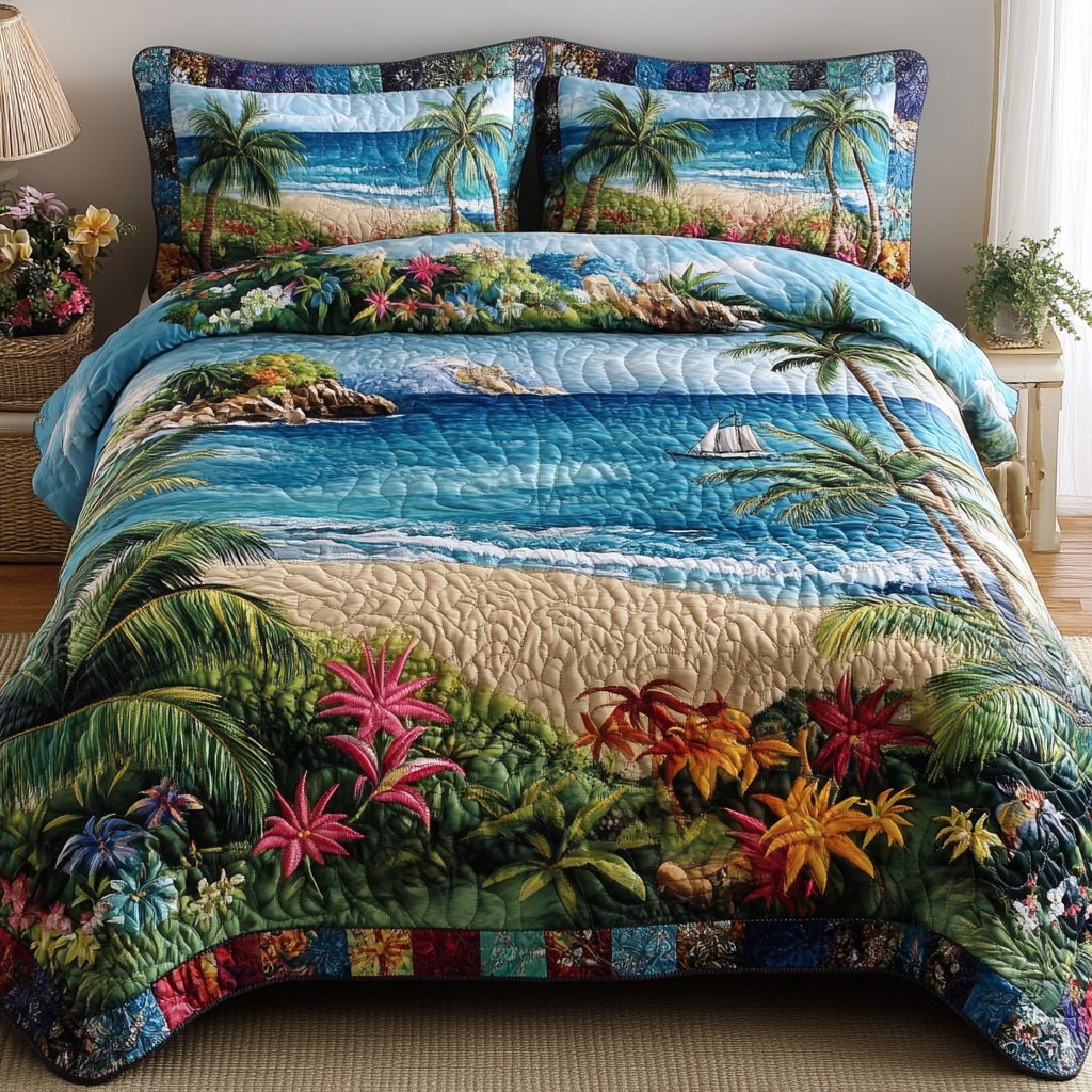 Coastal Chill quilted 3-piece bedding set on a made bed in a light coastal bedroom