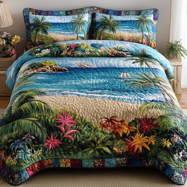 Coastal Chill quilted 3-piece bedding set on a made bed in a light coastal bedroom