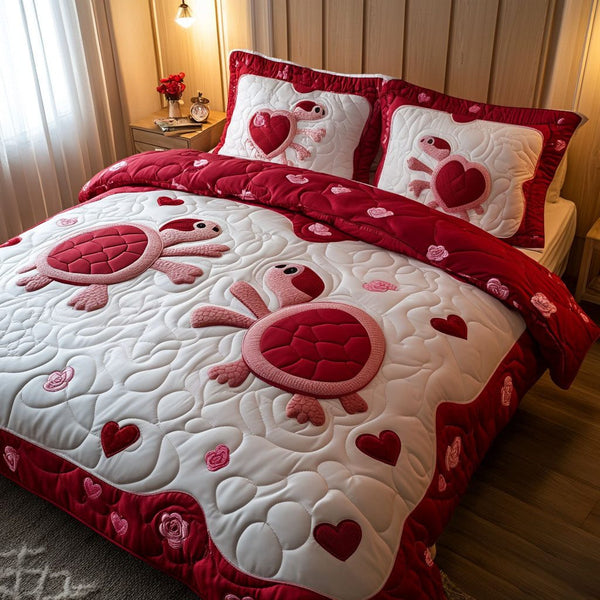 Coastal Companions quilted 3-piece bedding set on a made bed in a light coastal bedroom