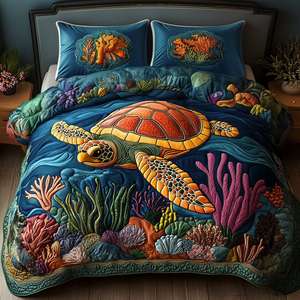 Coastal Compass quilted 3-piece bedding set on a made bed in a light coastal bedroom