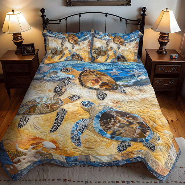Coastal Crawl quilted 3-piece bedding set on a made bed in a light coastal bedroom