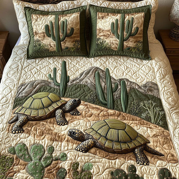 Coastal Crawler quilted 3-piece bedding set on a made bed in a light coastal bedroom