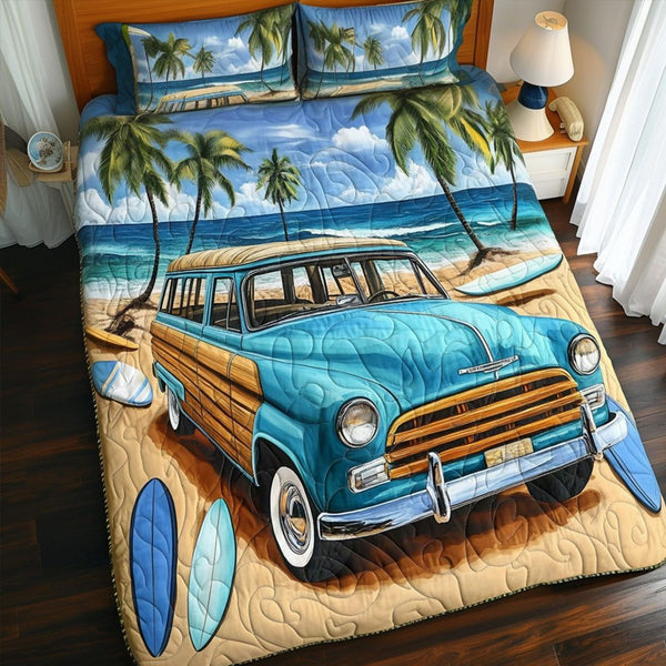 Coastal Cruiser quilted 3-piece bedding set on a made bed in a light coastal bedroom