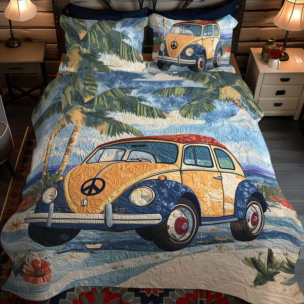 Coastal Cruiser quilted 3-piece bedding set on a made bed in a light coastal bedroom