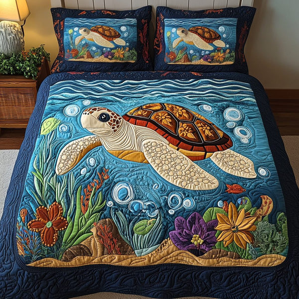 Coastal Currents quilted 3-piece bedding set on a made bed in a light coastal bedroom