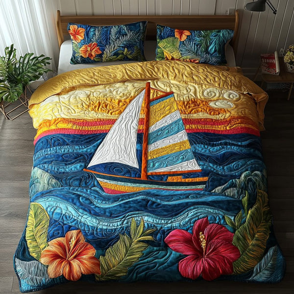 Coastal Dream quilted 3-piece bedding set on a made bed in a light coastal bedroom