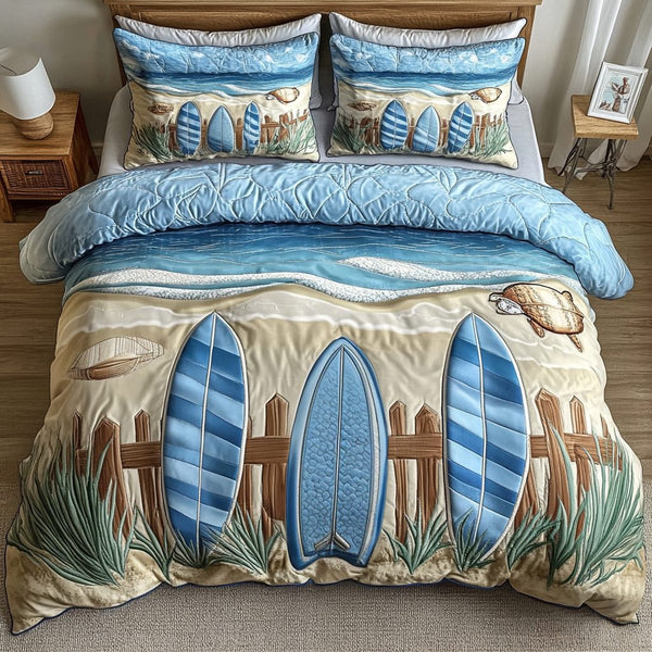 Coastal Dream quilted 3-piece bedding set on a made bed in a light coastal bedroom