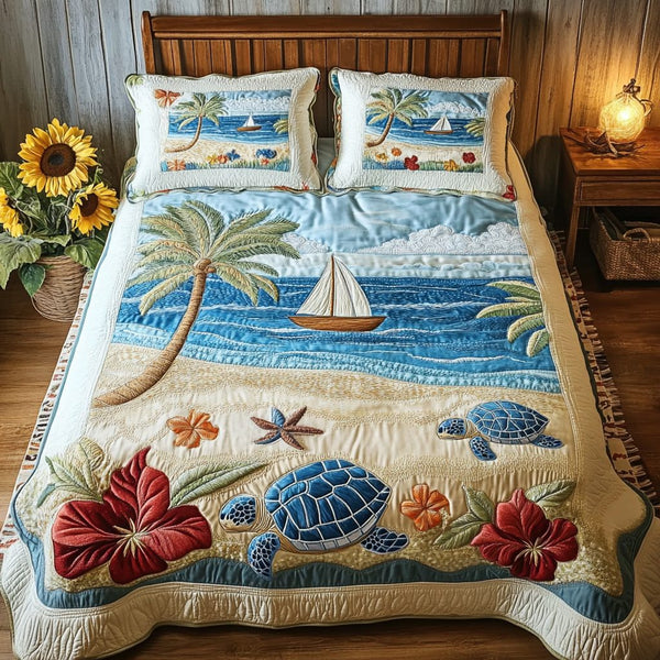 Coastal Dream quilted 3-piece bedding set on a made bed in a light coastal bedroom