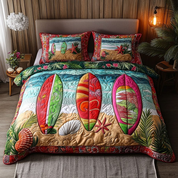 Coastal Dream quilted 3-piece bedding set on a made bed in a light coastal bedroom