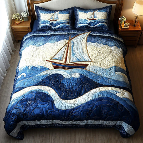 Coastal Dreams quilted 3-piece bedding set on a made bed in a light coastal bedroom