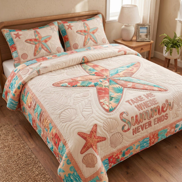 Coastal Dreams quilted 3-piece bedding set on a made bed in a light coastal bedroom