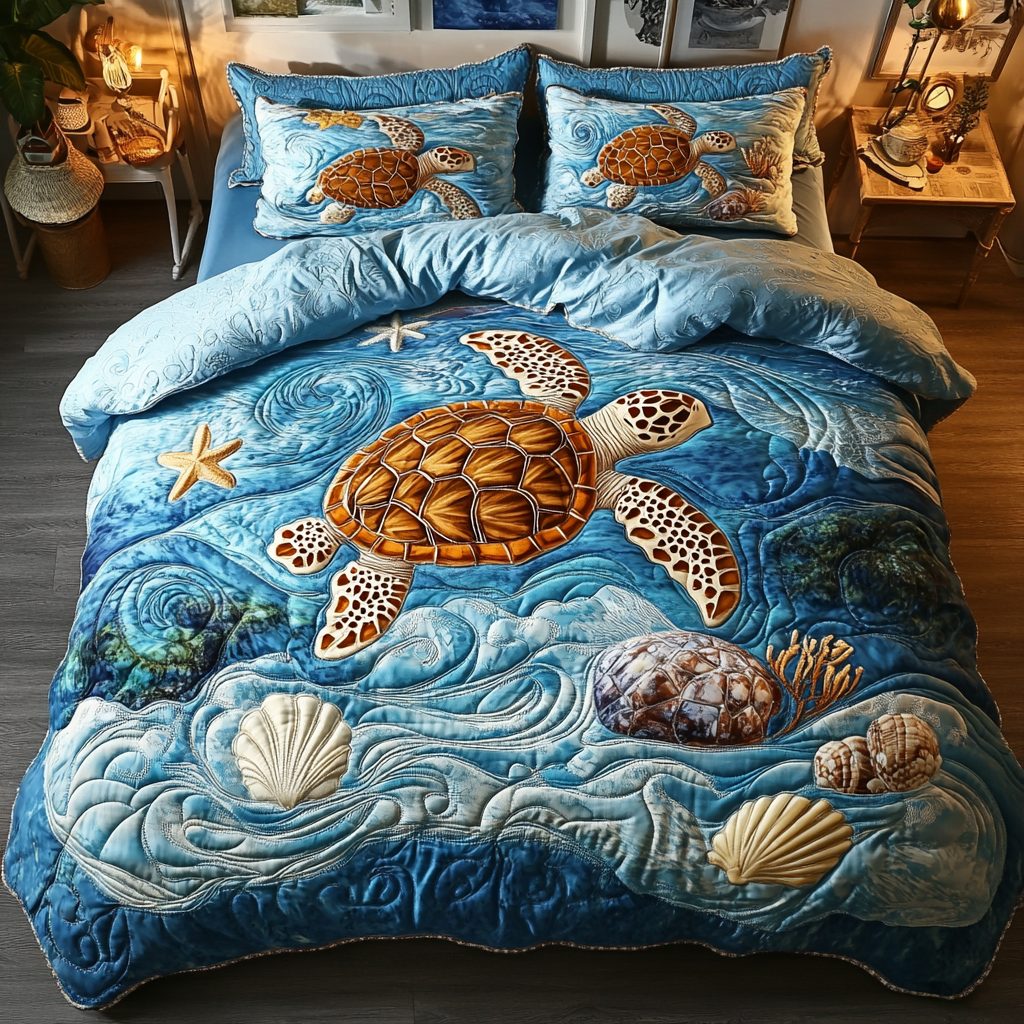 Coastal Dreams quilted 3-piece bedding set on a made bed in a light coastal bedroom