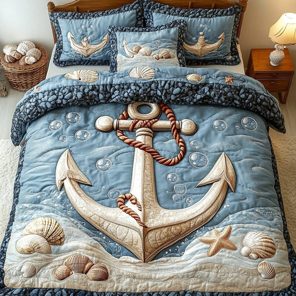 Coastal Dreams quilted 3-piece bedding set on a made bed in a light coastal bedroom