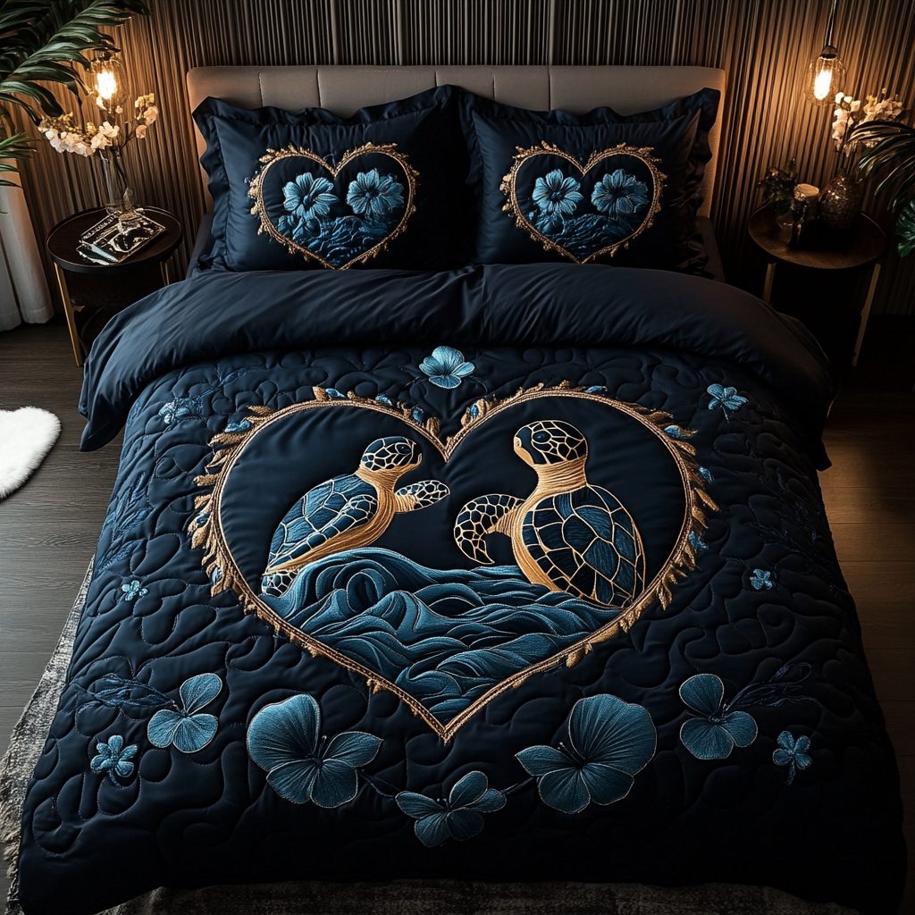 Coastal Drift quilted 3-piece bedding set on a made bed in a light coastal bedroom