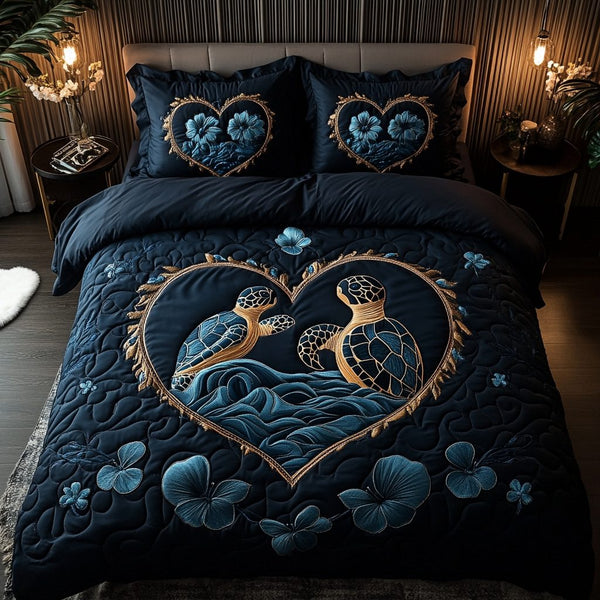 Coastal Drift quilted 3-piece bedding set on a made bed in a light coastal bedroom