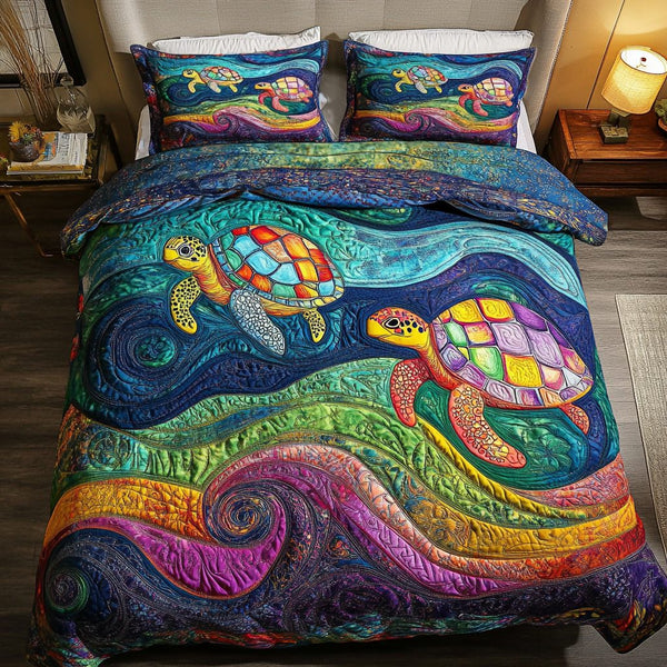 Coastal Drift quilted 3-piece bedding set on a made bed in a light coastal bedroom