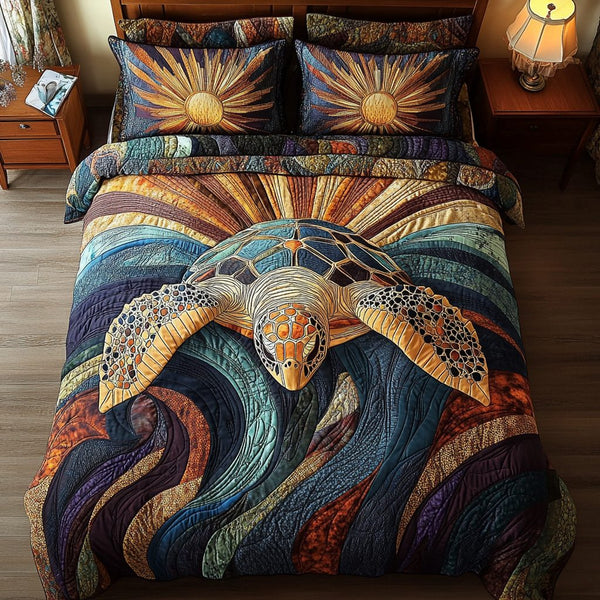 Coastal Drift quilted 3-piece bedding set on a made bed in a light coastal bedroom