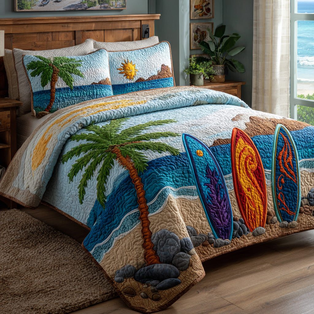 Coastal Drift quilted 3-piece bedding set on a made bed in a light coastal bedroom