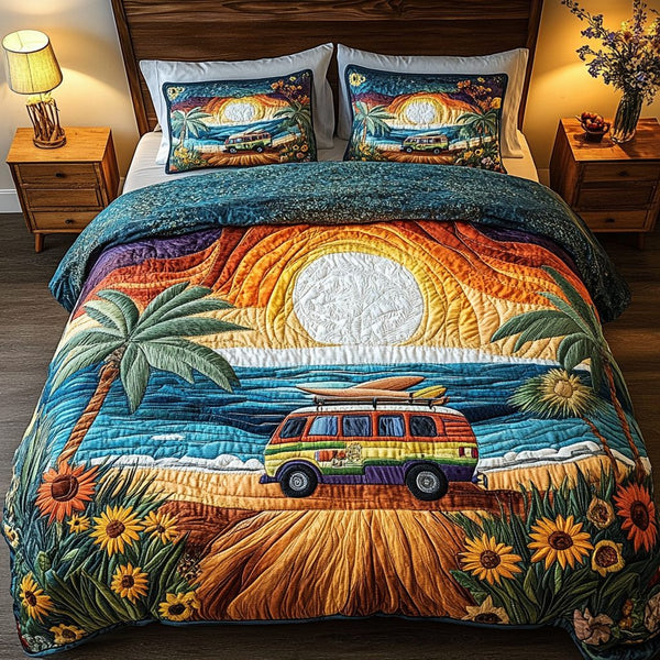 Coastal Drive quilted 3-piece bedding set on a made bed in a light coastal bedroom