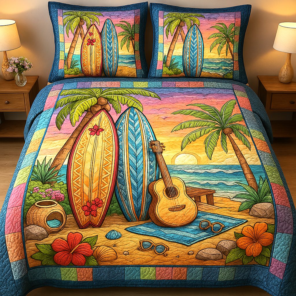 Coastal Drive quilted 3-piece bedding set on a made bed in a light coastal bedroom