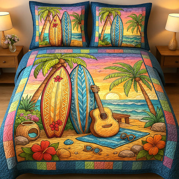 Coastal Drive quilted 3-piece bedding set on a made bed in a light coastal bedroom