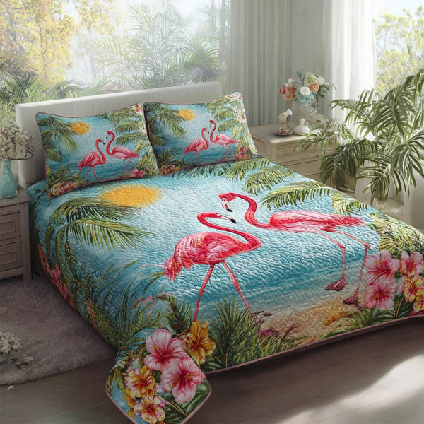 Coastal Dusk quilted 3-piece bedding set on a made bed in a light coastal bedroom
