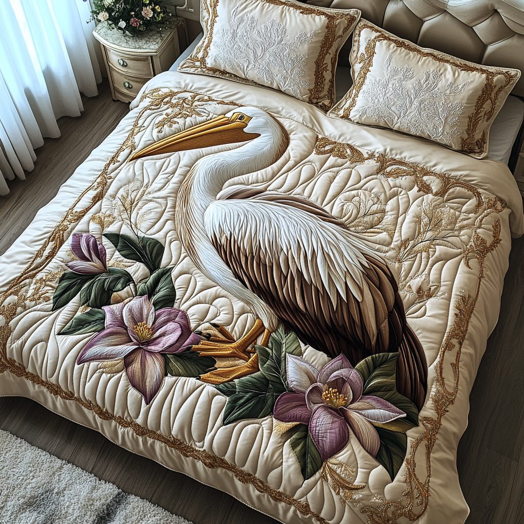 Coastal Elegance quilted 3-piece bedding set on a made bed in a light coastal bedroom