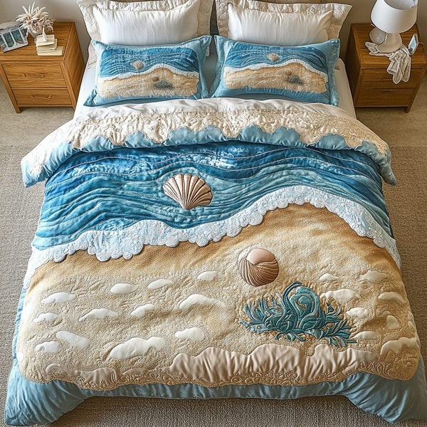 Coastal Escape quilted 3-piece bedding set on a made bed in a light coastal bedroom