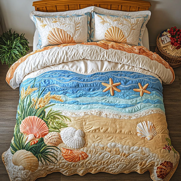 Coastal Escape quilted 3-piece bedding set on a made bed in a light coastal bedroom