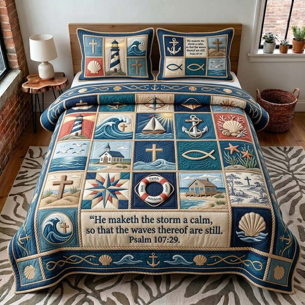 Coastal Faith quilted 3-piece bedding set on a made bed in a softly lit bedroom