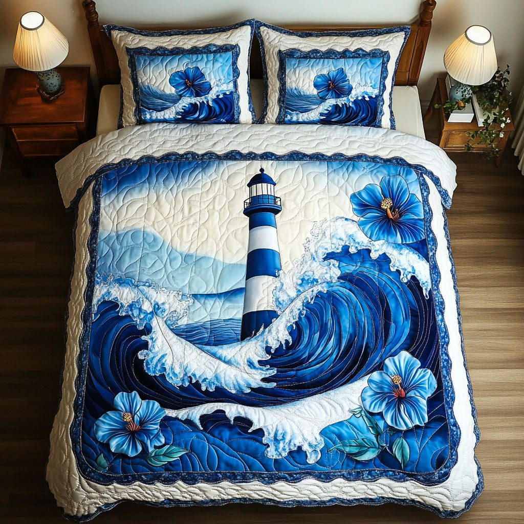Coastal Flame quilted 3-piece bedding set on a made bed in a light coastal bedroom