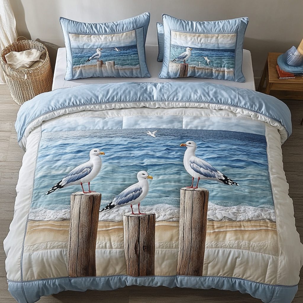 Coastal Flight quilted 3-piece bedding set on a made bed in a light coastal bedroom