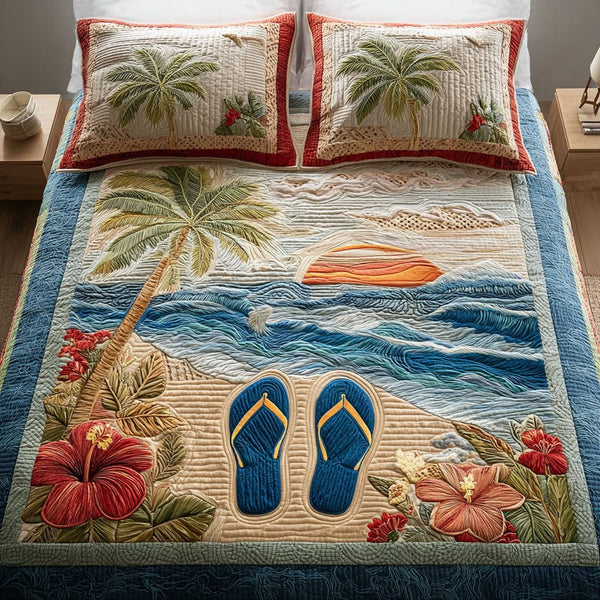 Coastal Flip Flops quilted 3-piece bedding set on a made bed in a light coastal bedroom