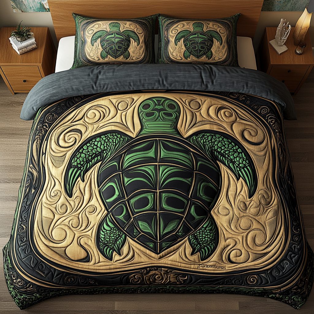 Coastal Flow quilted 3-piece bedding set on a made bed in a light coastal bedroom