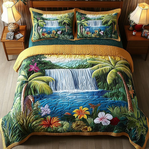 Coastal Garden quilted 3-piece bedding set on a made bed in a light coastal bedroom