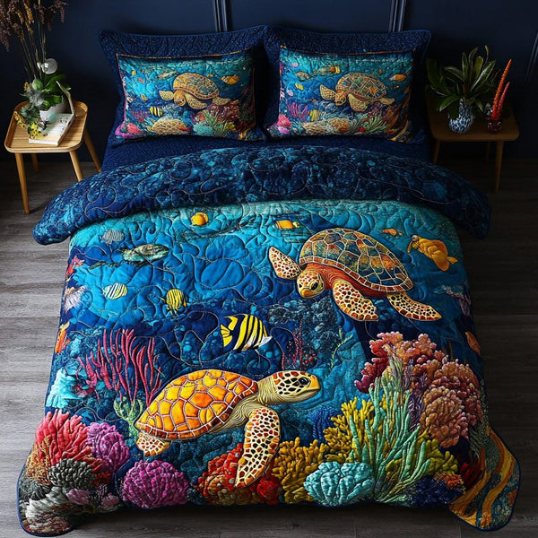 Coastal Glide quilted 3-piece bedding set on a made bed in a light coastal bedroom