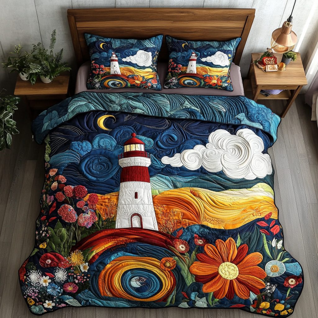 Coastal Glow quilted 3-piece bedding set on a made bed in a light coastal bedroom