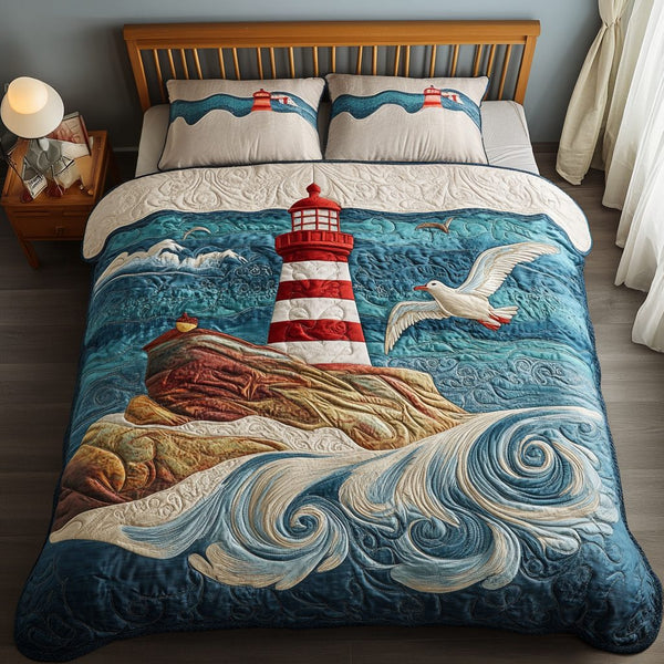 Coastal Glow quilted 3-piece bedding set on a made bed in a light coastal bedroom