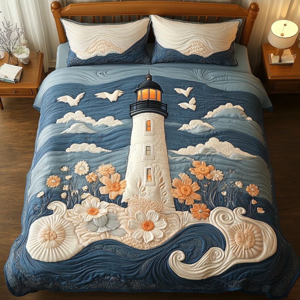 Coastal Glow quilted 3-piece bedding set on a made bed in a light coastal bedroom