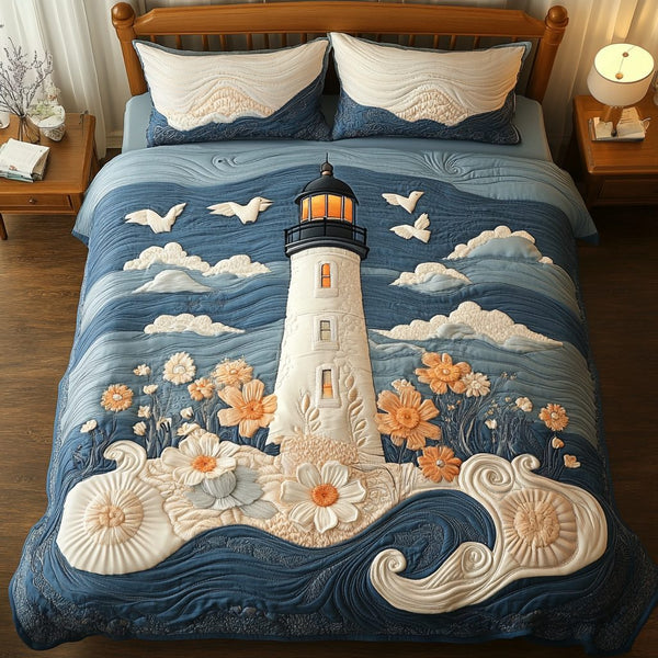 Coastal Glow quilted 3-piece bedding set on a made bed in a light coastal bedroom