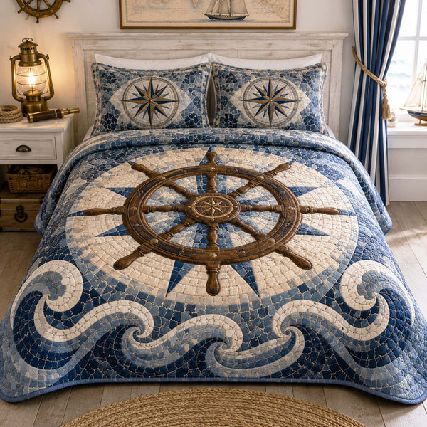 Coastal Glow quilted 3-piece bedding set on a made bed in a light coastal bedroom