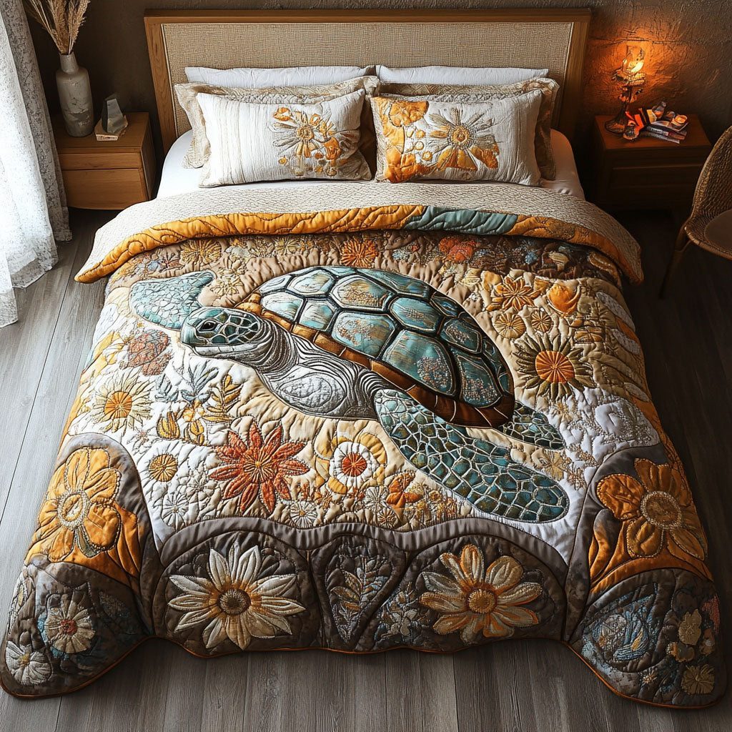 Coastal Grace quilted 3-piece bedding set on a made bed in a light coastal bedroom