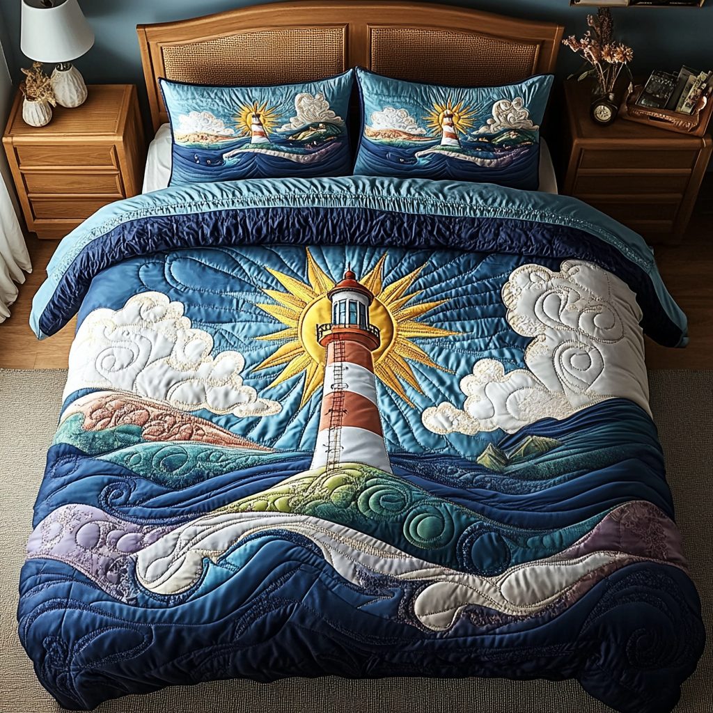 Coastal Guardian quilted 3-piece bedding set on a made bed in a light coastal bedroom